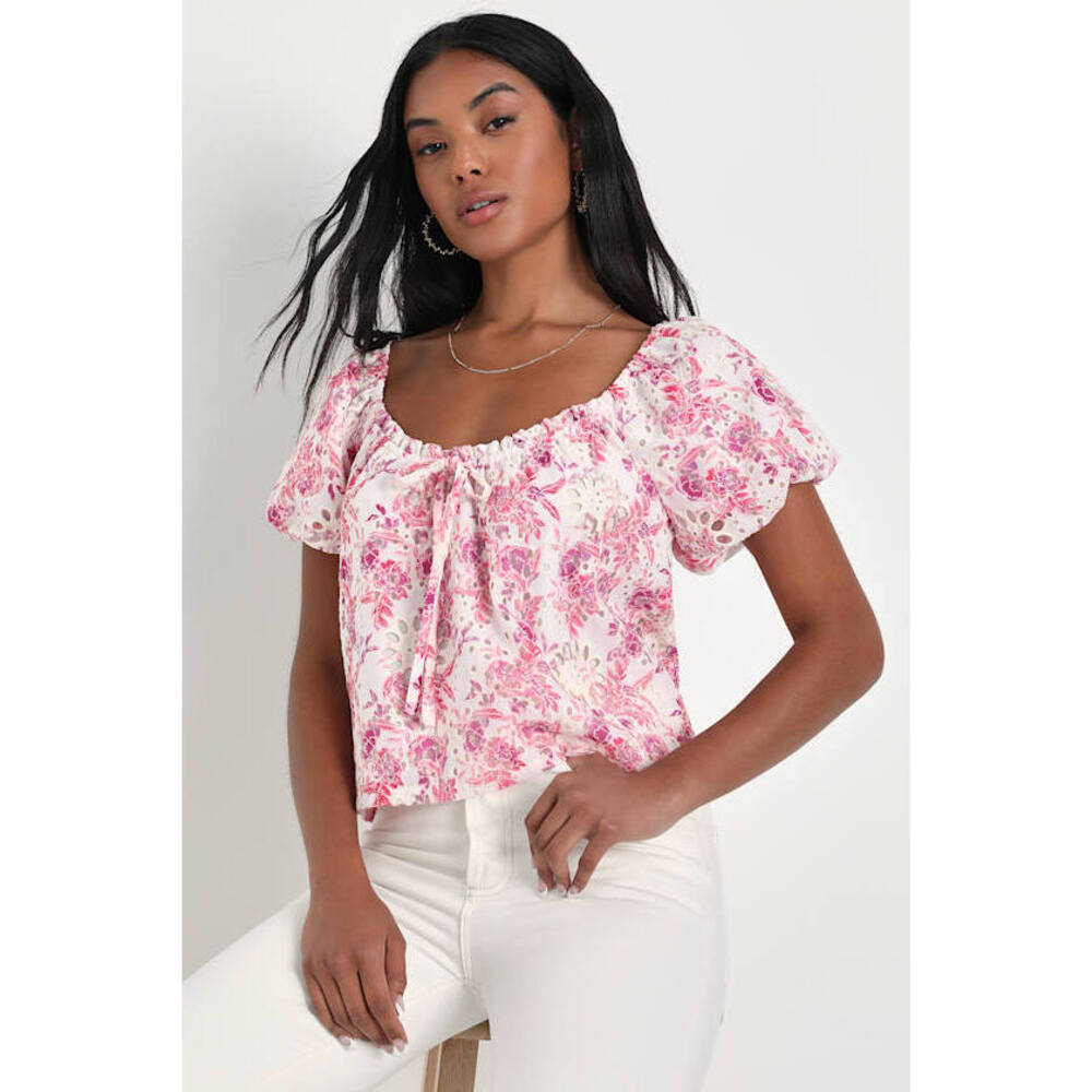 Lulus Sweetest Ever Ivory And Pink Floral Print Puff Sleeve Eyelet Top - Size M